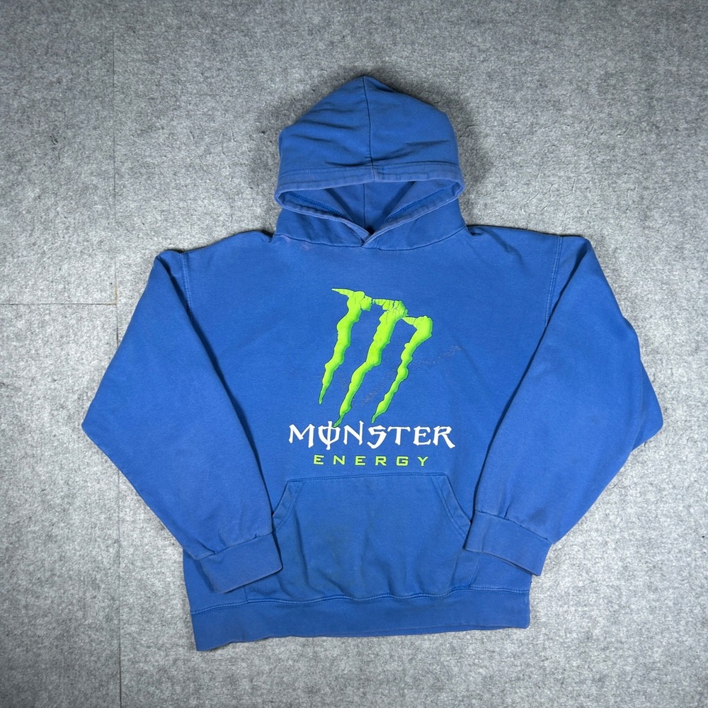 Monster Energy hoodie mens Large Blue Graphic Pullover Y2K Motocross Racing